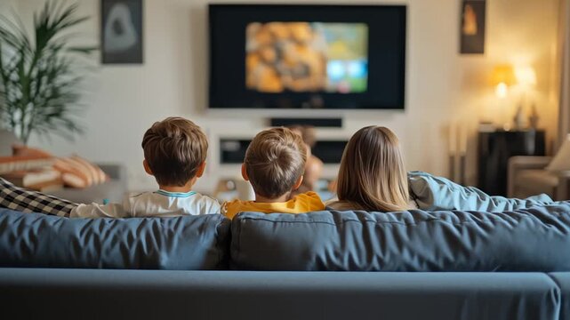 Children watching TV on couch, back view	
