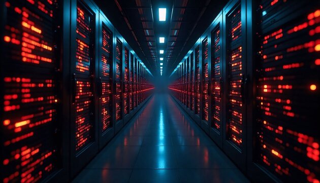 First-person POV through a digital vortex with glowing code and rotating shapes. - Powered by Adobe