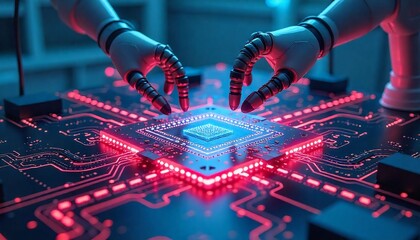 Neon circuits, holographic data flows, and robotic arms moving inside a 3D chip environment.