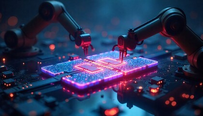 Neon circuits, holographic data flows, and robotic arms moving inside a 3D chip environment.