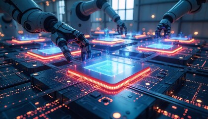 Neon circuits, holographic data flows, and robotic arms moving inside a 3D chip environment.