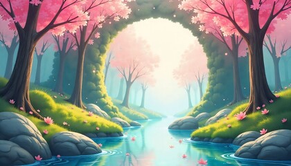 Portal animation reveals a glowing forest, flying islands, and magical waterfalls.
