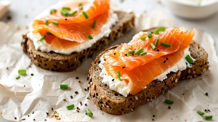 Delicious Open-Faced Sandwiches: Bread Slices Topped with Creamy Cheese and Smoked Salmon &ndash; A Healthy, Light Meal Style Bursting with Fresh Flavors