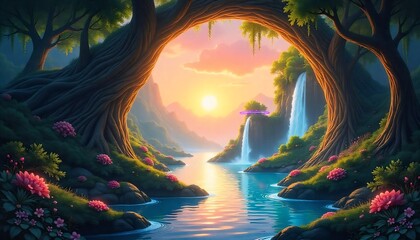 Portal animation reveals a glowing forest, flying islands, and magical waterfalls.