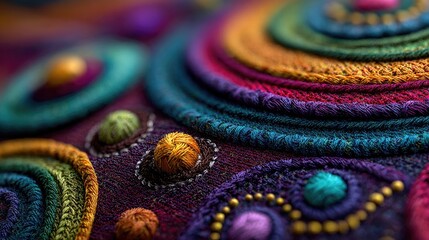 Close-up of vibrant, textured embroidered circles