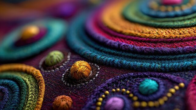 Close-up of vibrant, textured embroidered circles