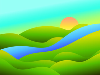 Gradient green meadows and a river at dawn in a minimalist style. Panoramic natural landscape with green hills, a river and the rising sun. Design for covers, banners and posters. Vector illustration
