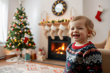 Adorable Baby Smiles by Christmas Fireplace