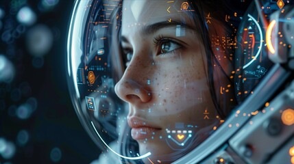 A futuristic image of a female astronaut gazing into the cosmos, reflecting advanced technology and exploration spirit.