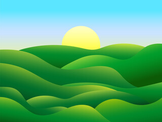 Gradient green meadows at dawn in a minimalist style. Panoramic natural landscape with green hills and the rising sun on the horizon. Design for covers, banners and posters. Vector illustration