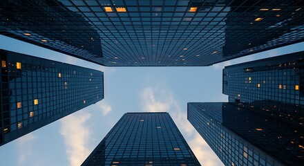 Dramatic Upward View of Modern Skyscrapers Against Cloudy Sky