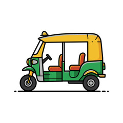 Illustration of a green and yellow auto rickshaw on a black background.
