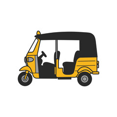 Fototapeta premium Yellow auto rickshaw vehicle with black roof isolated on a black background.