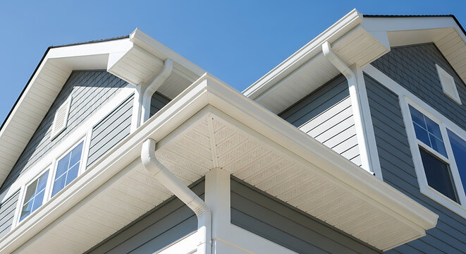 Architectural symmetry showcasing a modern home's gable roof and seamless gutter system against a