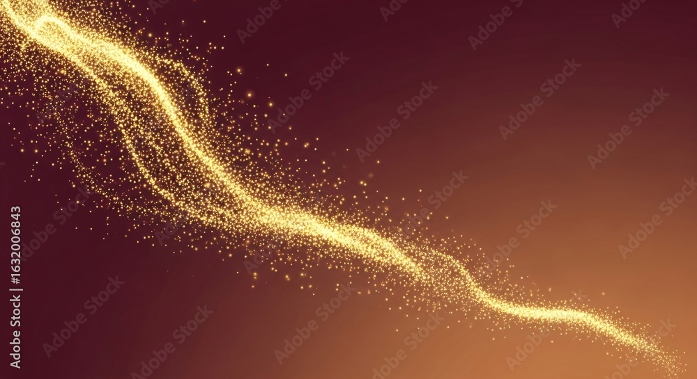 Poster golden sparkling glitter particles flowing on a dark background, creating an abstract and dynamic vi