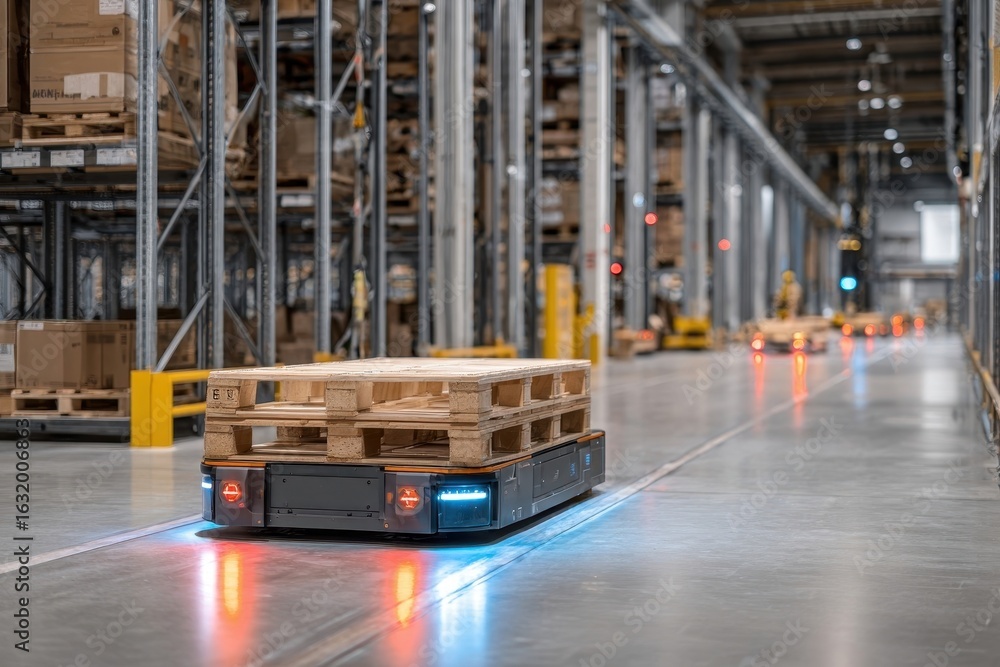 Poster autonomous mobile robot carrying pallets in a modern warehouse for efficient logistics.