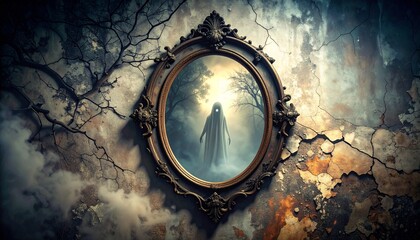 Dusty mirror with ghostly reflection on cracked wall
