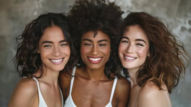 Three beautiful women, each with unique features, radiant smiles, are closely grouped against neutral backdrop. They exude confidence, natural beauty, dressed in simple attire.