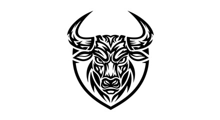 Fototapeta premium A stylized, black and white illustration of an angry bull's head with prominent horns, set against a shield-shaped background.