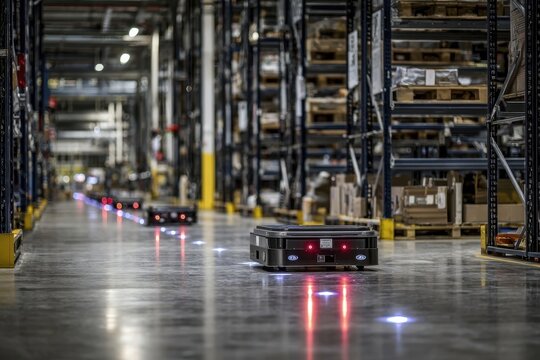 Automated mobile robots navigating a modern logistics warehouse facility floor