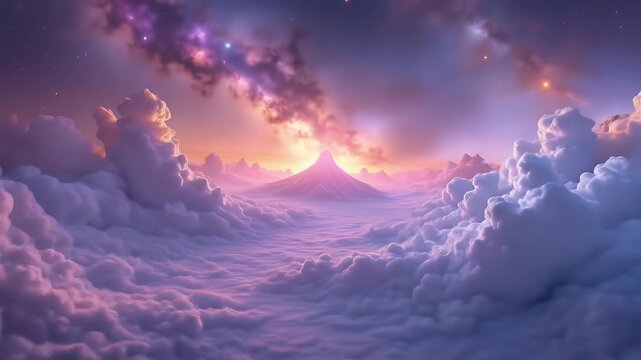 Stunning cosmic nebula landscape with glowing stardust clouds, radiant galaxies, and towering formations resembling mountains made of light and gas, set in deep space.

