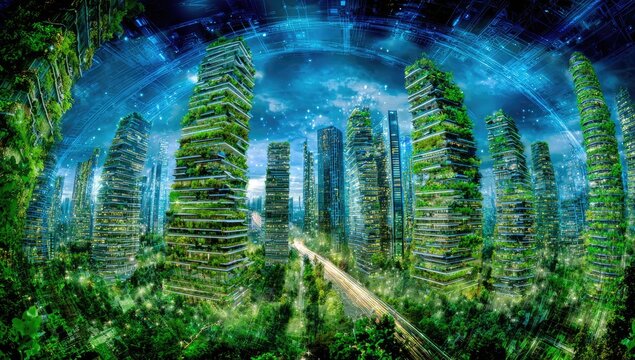 Vertical farm city, futuristic cityscape