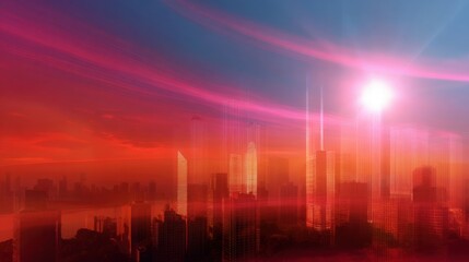 Fototapeta premium Metropolis skyline with red heat map overlay, concept of overheating city, haze and sun