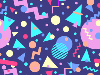Geometric seamless pattern with memphis elements in 80s style. Colorful pattern with different geometric shapes. Design for packaging, covers, wrapping and promotional products. Vector illustration