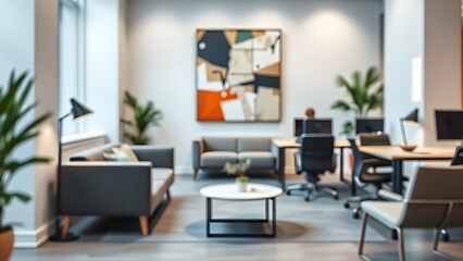 Minimalist coworking space with abstract art and clean modern design, bathed in soft ambient light.