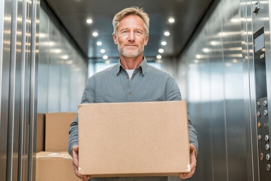 Smiling mature man with a beard holding a delivery box inside a modern elevator. - Powered by Adobe