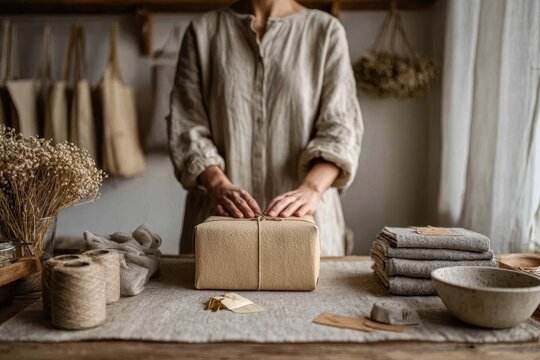 Woman's hands wrapping an eco-friendly gift with natural paper and twine.