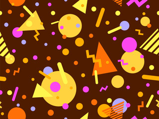 Geometric seamless pattern with memphis elements in 80s style. Colorful pattern with different geometric shapes. Design for packaging, covers, wrapping and promotional products. Vector illustration