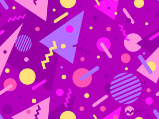 Geometric seamless pattern with memphis elements in 80s style. Colorful pattern with different geometric shapes. Design for packaging, covers, wrapping and promotional products. Vector illustration