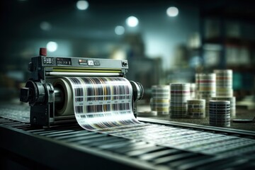 Close-up of a modern label printing machine producing rolls of barcode labels in an industrial facility.