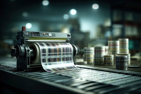 Close-up of a modern label printing machine producing rolls of barcode labels in an industrial facility.