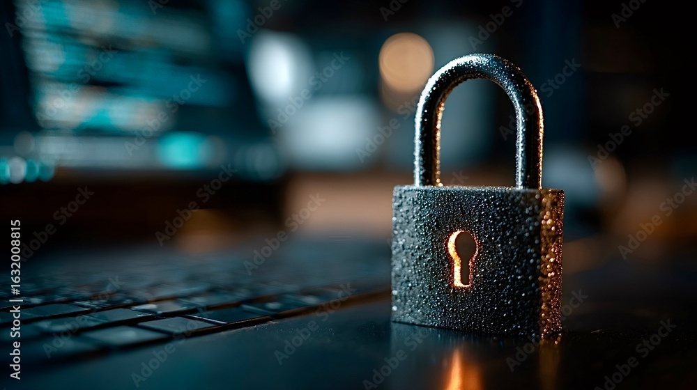 Poster padlock protecting data on laptop keyboard symbolizing cybersecurity