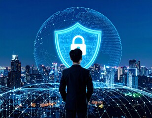 Businessman overseeing cybersecurity of digital network and data protection in the city at night