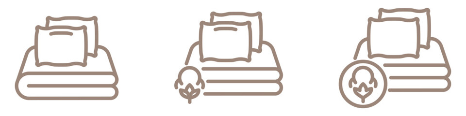 Set of Bed Linen linear icons with cotton symbol isolated on transparent background. Cotton bed linen line icons set. Organic cotton. Pure organic cotton bed linen icons. Editable stroke.