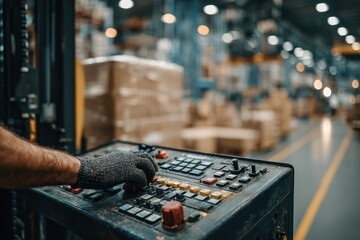 Gloved hand operating a control panel in a busy industrial warehouse setting.