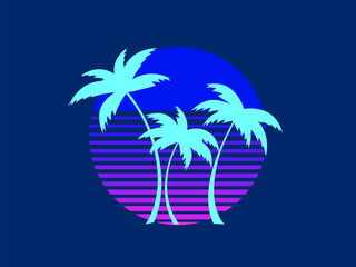 Tropical palm trees at sunset in a futuristic 80s style. Summer time, silhouettes of palm trees in synthwave and retrowave style. Design of advertising booklets and banners. Vector illustration