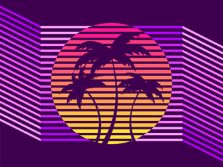 Retro sci-fi 80s palm trees at retro sunset. Futuristic sun with palm trees. A virtual reality. Synthwave and retrowave style. Background for printing and banners. Vector illustration