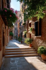 Narrow street in Venice with worn steps and flower boxes on windows, peaceful morning light