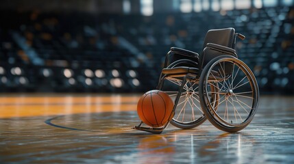 A wheelchair with a basketball on a basketball court.