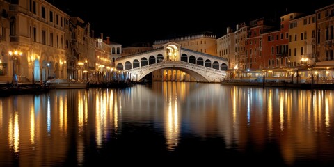Obraz premium Nighttime shot of Rialto Bridge with reflections on canal, glowing lights and calm water