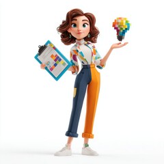 A woman is holding a clipboard and a light bulb