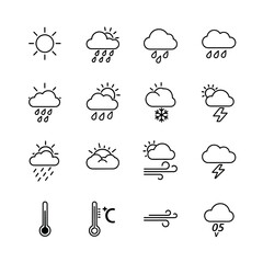 Fototapeta premium Collection of Weather Icons Sun Clouds Rain Snow Lightning Wind and Thermometers.