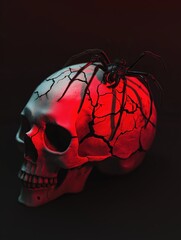 Human skull model with cracks and a black spider. Halloween decoration for holidays. Scary symbol for horror concept.