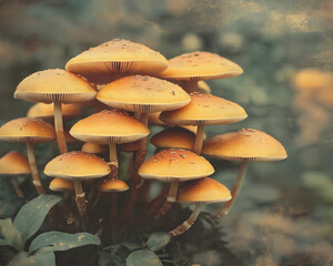 Group of wild mushrooms on forest floor with a rustic texture overlay. Autumn nature background with fungi for seasonal concepts.