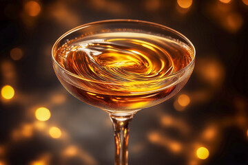 Golden liquid with swirling pattern in a coupe glass. Luxurious champagne or cocktail for celebration and festive occasion. Elegant drink for event.