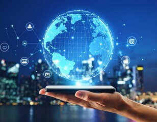 Hand holding smartphone with global network connection and communication technology over city at night